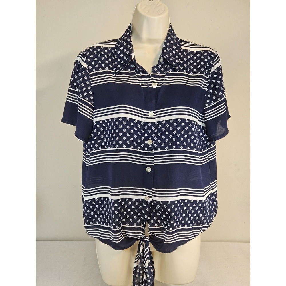 Alfred Dunner Petite Navy Blue Star‎ Stripe Front Tie Short Sleeve Blouse 10P